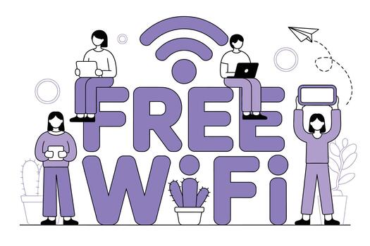 People using laptops and tablets with free WiFi connection in a modern setting with purple minimalist style vector