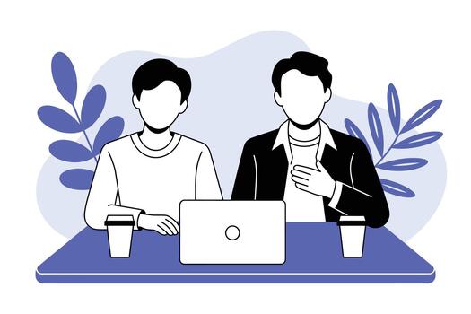 dos personas sentado a un mesa trabajando en un ordenador portátil con café tazas en un moderno oficina ajuste minimalista estilo vector