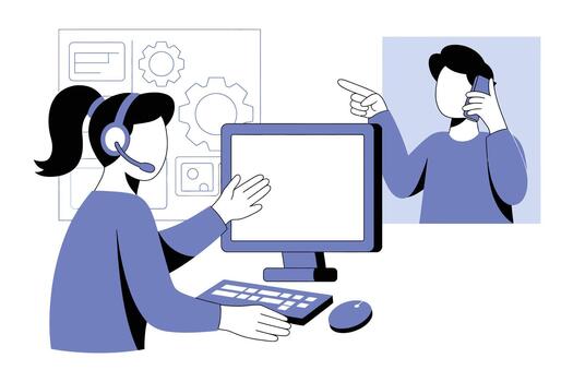 cliente Servicio representante ayudando cliente mediante computadora pantalla con auriculares y teclado en oficina ajuste vector