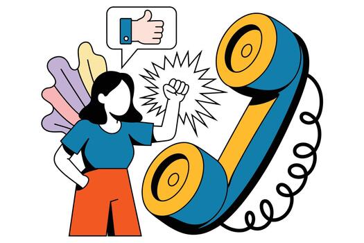 Woman with colorful wings raising fist in front of large megaphone with thumbs up symbol and spark effect on white background vector