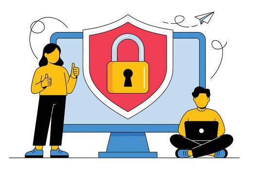 personas utilizando ordenadores con un proteger y bloquear símbolo representando la seguridad cibernética y datos proteccion en un pantalla vector