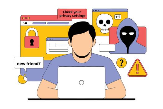 persona utilizando ordenador portátil con advertencia señales acerca de en línea intimidad y seguridad amenazas en un digital ambiente con plano gráficos vector