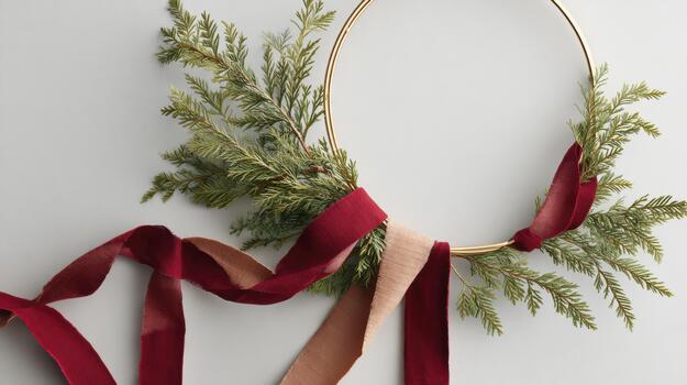 Minimalist holiday wreath with evergreen branches and red ribbon on white background photo