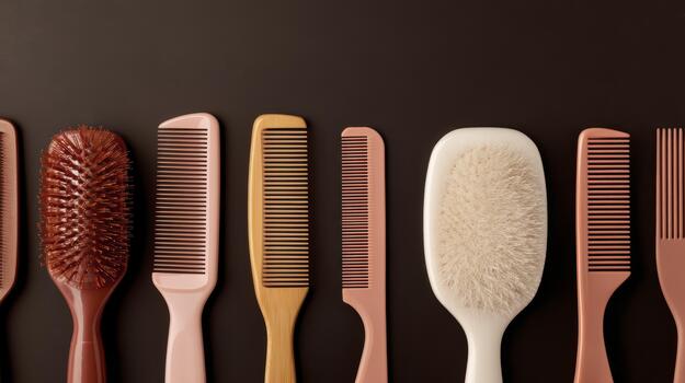Assorted hair combs and brushes on dark background photo