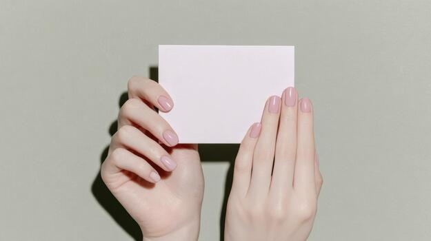 manos presentación blanco tarjeta con elegante desnudo manicura en sutil antecedentes foto