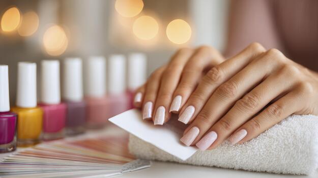Elegant manicured hands with multi-colored nail polish and bokeh background photo