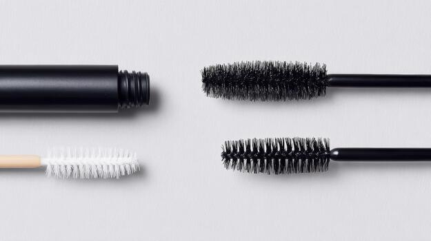 Minimalist display of various black and white mascara brushes on textured background photo