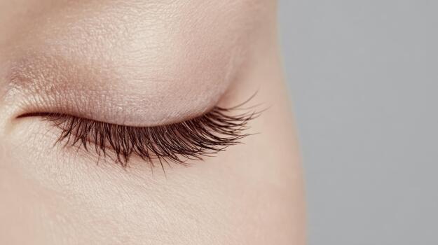 de cerca de cerrado ojo con largo latigazos y suave piel textura foto