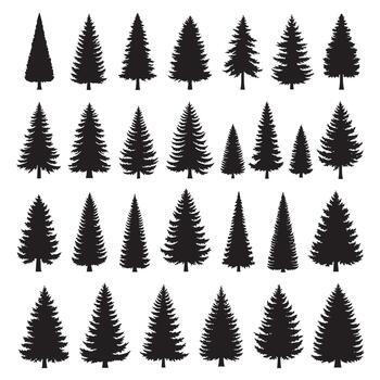 Black silhouettes of various pine trees arranged in a grid pattern on a white background vector