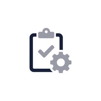 plano diseño Lista de Verificación con engranaje icono para proceso administración y aprobación símbolo vector