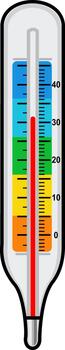 Vertical thermometer illustration with Celsius scale and color zones, ideal for concepts of temperature measurement, weather conditions, climate change, health, or laboratory monitoring. vector
