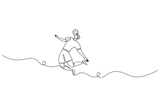 A soccer player jumping to head the ball in continuous single line style vector