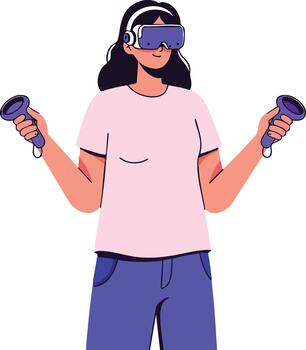 Woman using virtual reality headset and controllers enjoying immersive digital experience technology vector