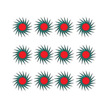 A grid of twelve teal starburst shapes with bold red centers creates a dynamic, modern graphic. Ideal for backgrounds, branding, and decorative accents in design projects and advertising vector