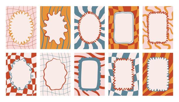 Groovy poster collection featuring checker patterns, stripes and flowing waves with whimsical hand drawn frames. Retro trippy look perfect for modern decor, branding, prints. vector