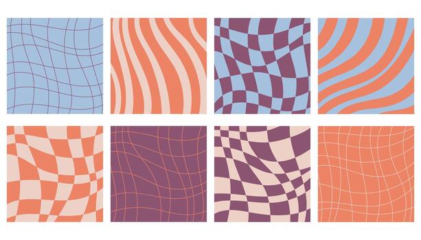 colección de vibrante retro cuadrado carteles con psicodélico ondas, rayas y inspector patrones. y2k inspirado trippy estilo mezclado con clásico 60s y 70s hippie diseño para negrita creativo efectos visuales vector