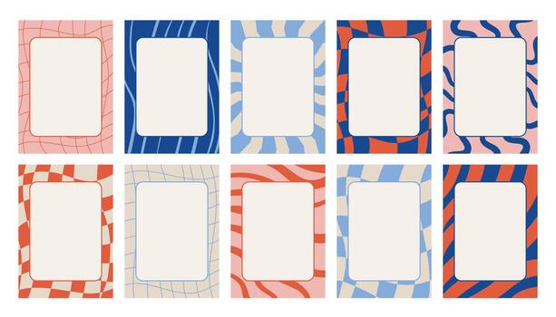 Set of groovy retro posters, cards or note pages with checkered, striped and wavy textures. Simple clean frames and open copy space make this collection perfect for text, quotes and design use. vector