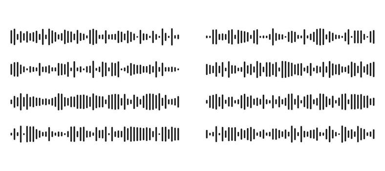 Set of voice message equalizer icons. Sound wave lines with broken strokes isolated on white background. Sonar, vortex, sunburst and audio signal symbols. illustration. vector
