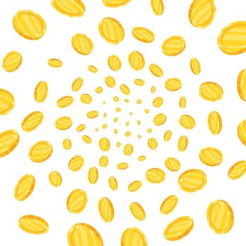 Gold coins falling down in various positions, isolated on white with a subtle blur effect. Represents money in motion, wealth, and financial flow for banking, investment, and prosperity concepts vector