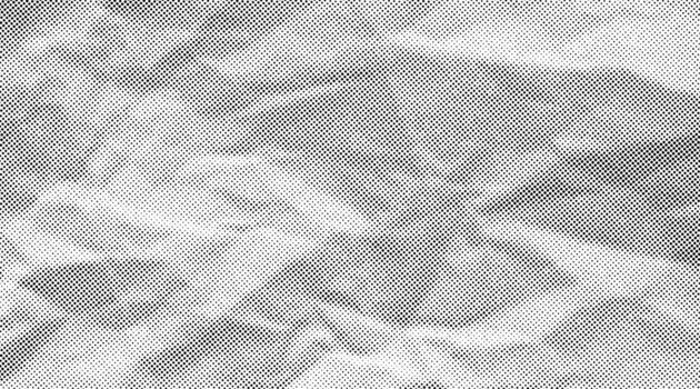 Halftone crumpled paper texture with black a dotted, rough, and wrinkled surface. Wite creased sheet background in comic pop-art style, featuring grainy folds and gritty distressed details. vector