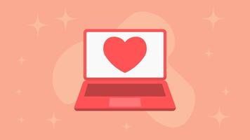 bärbar dator dator. öppen bärbar dator med stor hjärta symbol på skärm. digital valentine meddelande och uppkopplad roman begrepp. värma pastell platt bakgrund med avrundad former och subtil gnistrar. video
