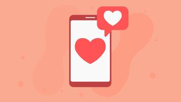 smartphone enhet. avrundad skärm telefon med flytande hjärta underrättelse bubbla. digital valentine kommunikation och kärlek meddelande begrepp. värma rosa platt bakgrund med abstrakt plumpar och små prickar. video