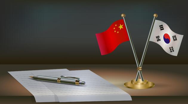 China and South Korea flags on table in office. International relations on a dark gradient color background. vector