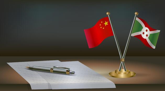China and Burundi flags on table in office. International relations on a dark gradient color background. vector