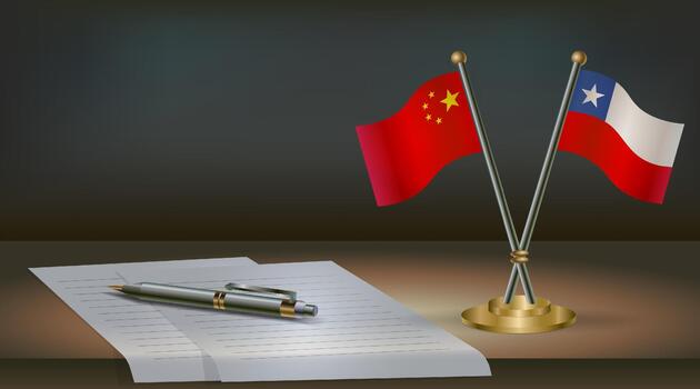 China and Chile flags on table in office. International relations on a dark gradient color background. vector