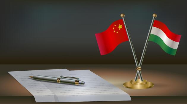 China and Hungary flags on table in office. International relations on a dark gradient color background. vector