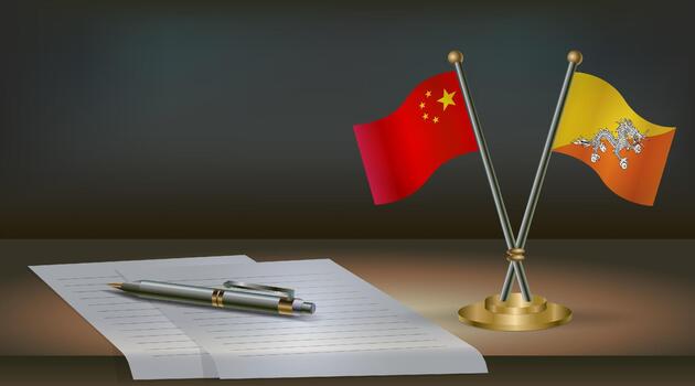 China and Bhutan flags on table in office. International relations on a dark gradient color background. vector