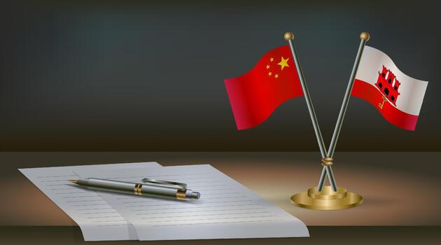 China and Gibraltar flags on table in office. International relations on a dark gradient color background. vector