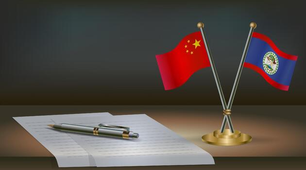 China and Belize flags on table in office. International relations on a dark gradient color background. vector