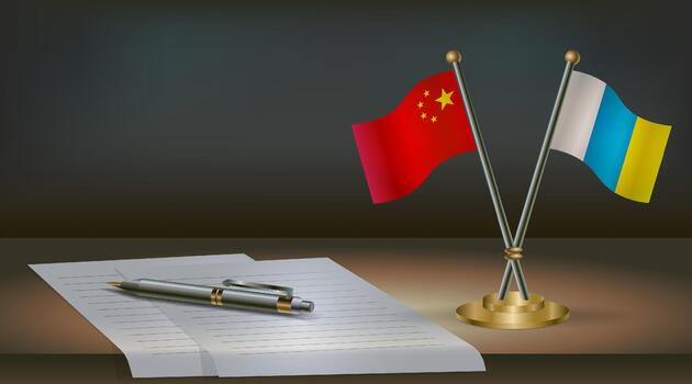 China and Canary Islands flags on table in office. International relations on a dark gradient color background. vector