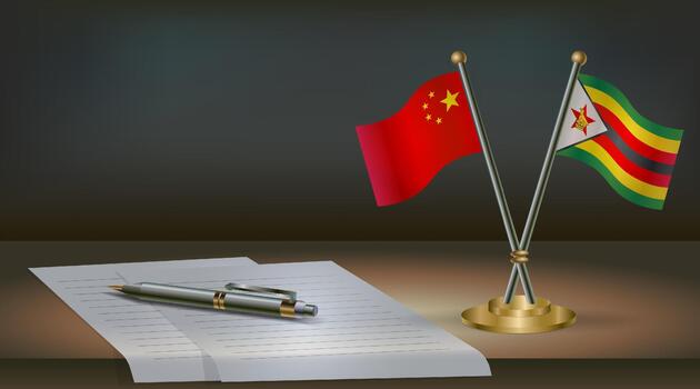 China and Zimbabwe flags on table in office. International relations on a dark gradient color background. vector