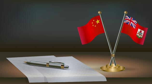 China and Bermuda flags on table in office. International relations on a dark gradient color background. vector