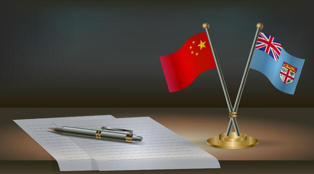 China and Fiji flags on table in office. International relations on a dark gradient color background. vector