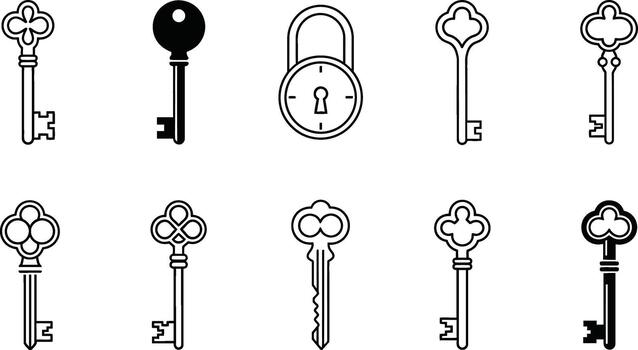 colección de llaves y un candado, exhibiendo antiguo y moderno diseños en contorno y sólido estilos. gráfico elementos para seguridad, acceso, y solución conceptos en diseño vector