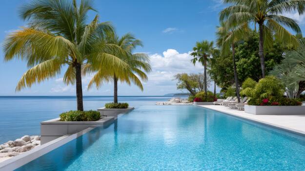 tropical infinito piscina fusionando con Oceano horizonte foto