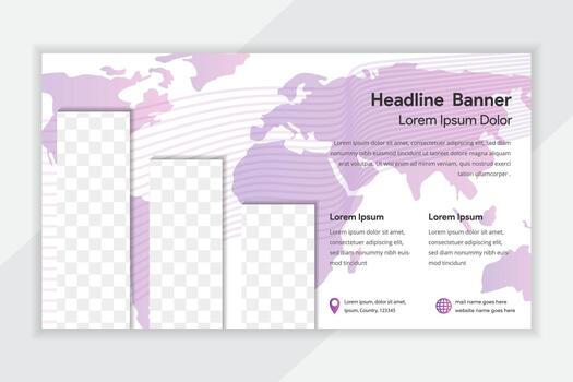 Template as a business presentation flyer. the annual report.horizontal banner white background. space for photo like chart. wave line ornament. transparency of world map in purple gradient colors vector