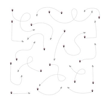 Set of Airplane line path icon of air plane flight route with start point and dash line trace. Paper airplane with dashed line. Flight route vector