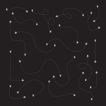 Set of Airplane line path icon of air plane flight route with start point and dash line trace. Paper airplane with dashed line vector