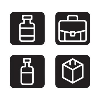 Essential business and object icons set featuring bottle, briefcase, and 3d box glyphs vector