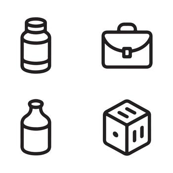 A minimalist outline icon set featuring a bottle, briefcase, another bottle, and a cube vector