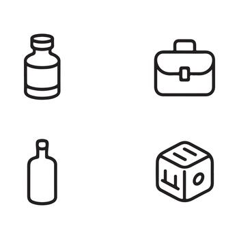 Essential outline icons for common objects vial, briefcase, bottle, and dice set vector