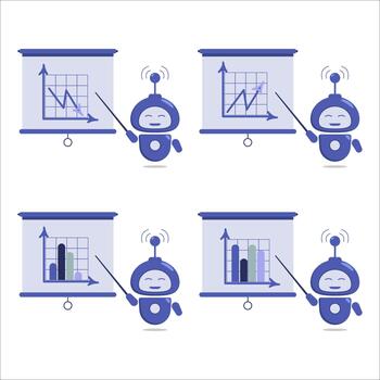 Line graphs with zoom-in and zoom-out, as well as charts displaying statistical data. The robot demonstrates various types of graphs on the presentation screen. vector