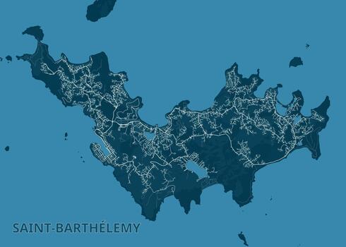 map of Saint-Barthelemy in teal and white. The island's shape is clearly defined against a teal background, with intricate white lines representing roads and pathways. vector