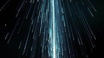 teknologisk digital bakgrund med flygande uppåt lysande neon partiklar av rader. rörelse av en ström av lysande ljus partiklar. visualisering av förbindelse. video
