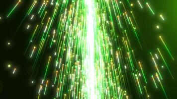 vertikal grön ljus strömmar med lysande partiklar, data regn effekt, trogen energi flöde, digital teknologi bakgrund, sömlös rörelse slinga. video