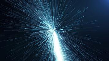 abstrakt blå partikel strålar konvergerande in i en ljus Centrum, trogen data brista med djup, hastighet och dynamisk digital rörelse bakgrund. video